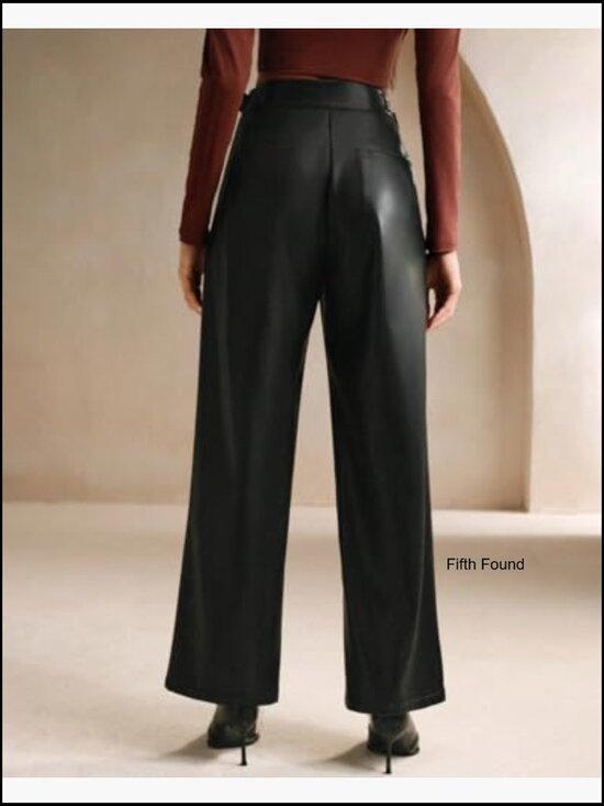 High Waist Wide Leg Faux Leather Palazzo Pants Business Casual Trousers - Picture 4 of 6